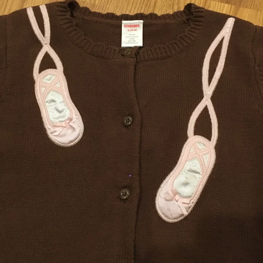 Gymboree Brown Cardigan Sweater pink satin Ballet Slipper‎ appliqué age 6